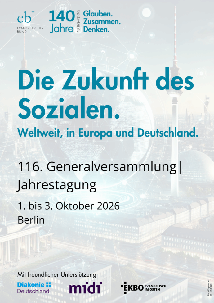 Plakat Generalversammlung|Jahrestagung 2026 in Berlin "Die Zukunft des Sozialen. Weltweit, in Europa und Deutschland."
